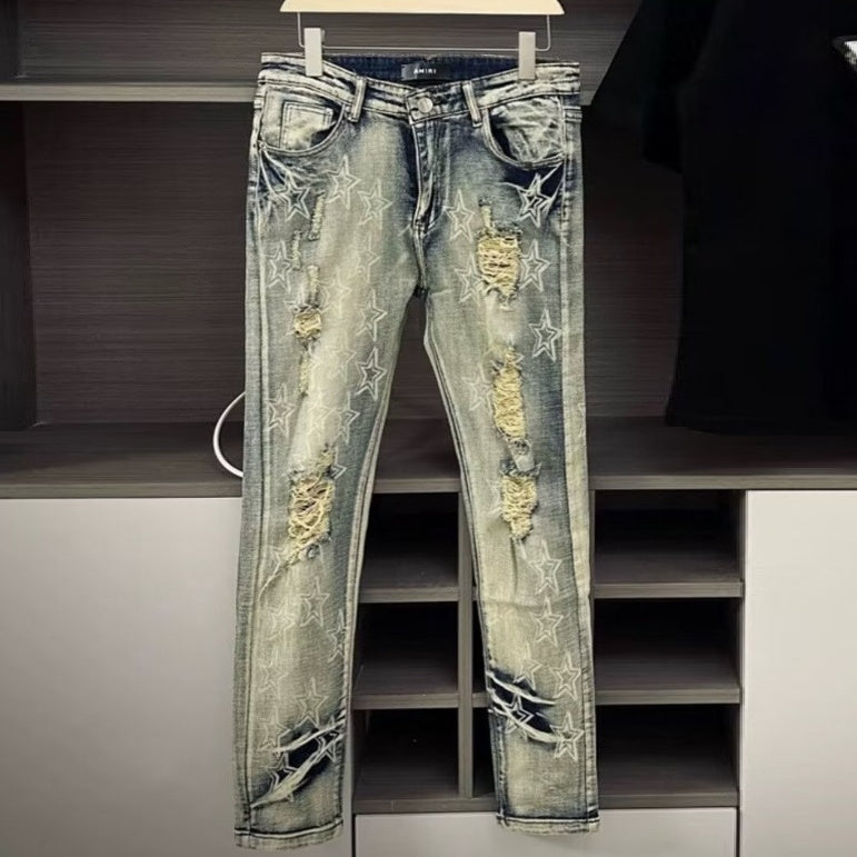 Punk Retro Blue Ripped Slim Fit Men's Jeans