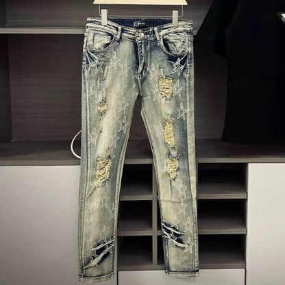 Punk Retro Blue Ripped Slim Fit Men's Jeans