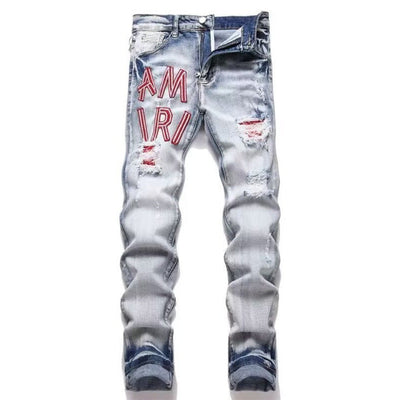 Punk Retro Blue Ripped Slim Fit Men's Jeans
