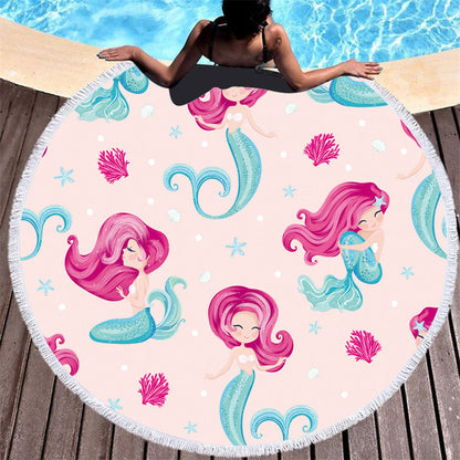 Cartoon pink mermaid microfiber round beach towel