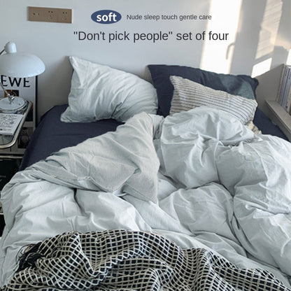 Solid Color Simple Four-Piece Set Flannel Quilt Cover INS Style Quilt Cover Dormitory Summer Washed Cotton Bedding Three-Piece Set