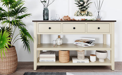 Retro Design Console Table with Two Open Shelves, Pine Solid Wood Frame and Legs for Living Room (Espresso+Beige)