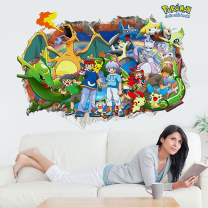 New 3D Pikachu Wall Sticker Pok é mon Wallpaper Self adhesive Cartoon Graffiti Anime Poster Children's Room PVC