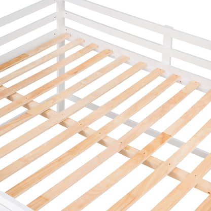 Full Size Low Loft Bed with Rolling Portable Desk, Drawers and Shelves, White