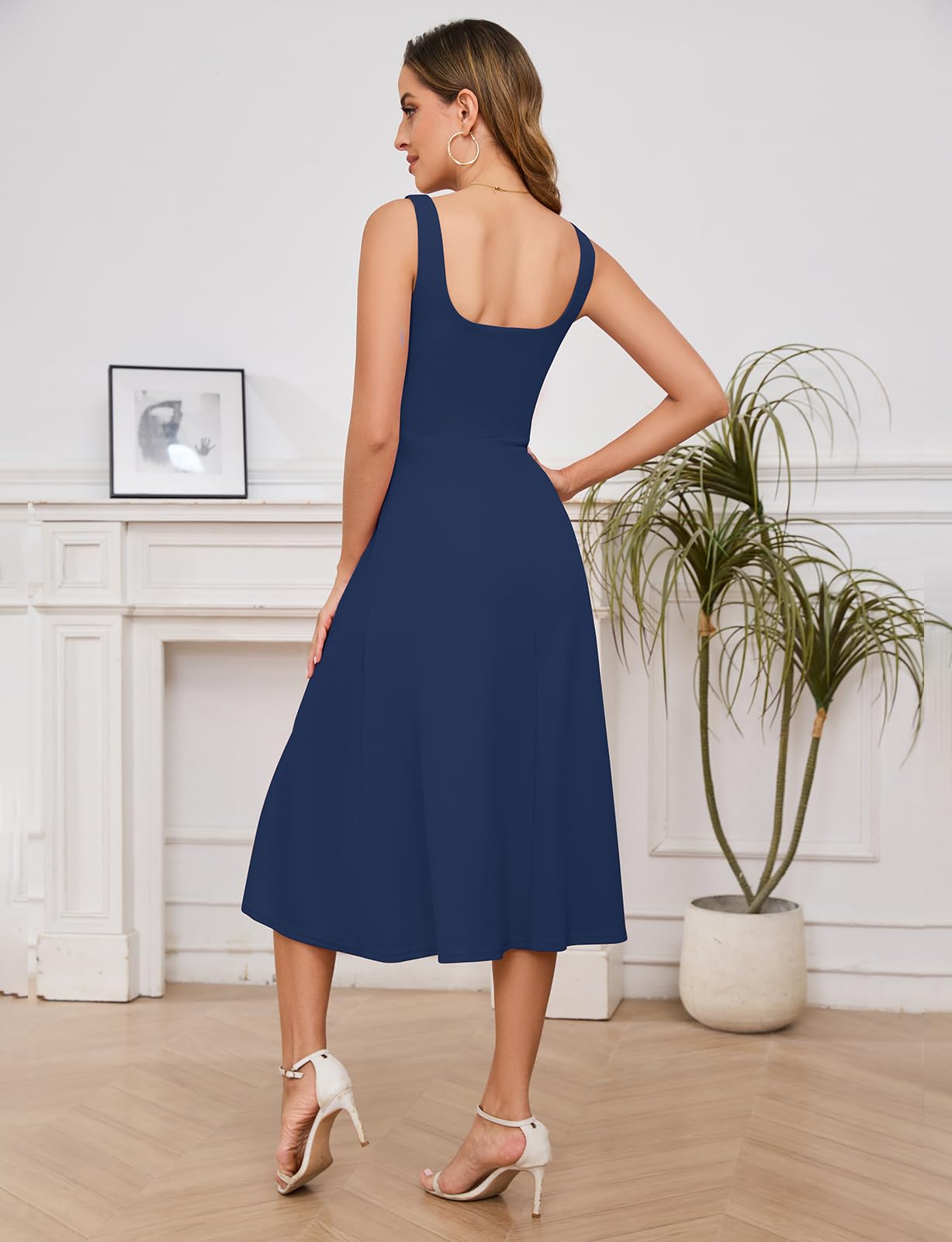 Gardenwed Womens Square Neck Midi Dress Sleeveless Slit Cocktail Navy M