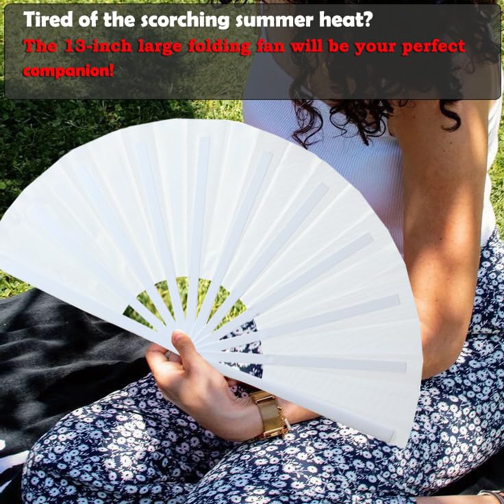 GeGeYa 13inch Large Rave Popping Hand Fans Foldable White 2 Packs