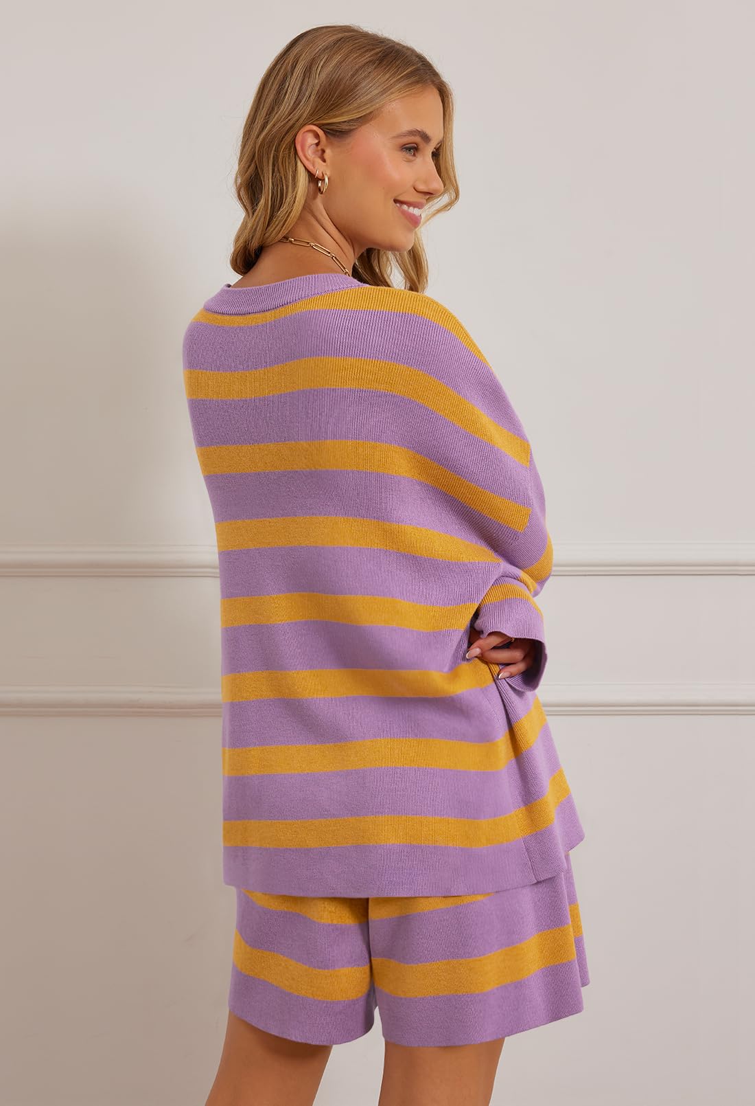 MEROKEETY Women's 2 Piece Sweater Set Striped Long Sleeve Shorts Purple Size S