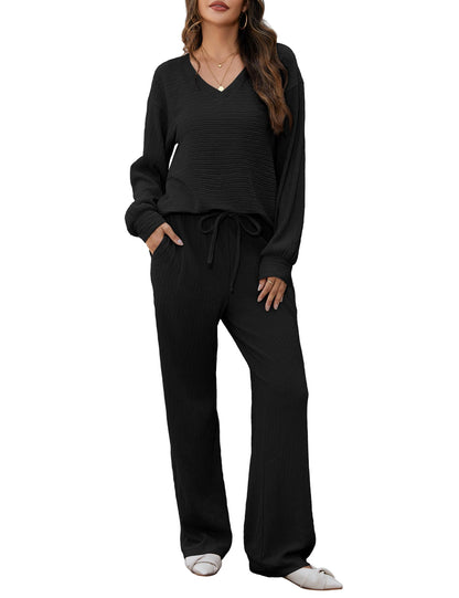 Amoretu Women's Lounge Set V Neck Top Wide Leg Drawstring Pants Black Size L