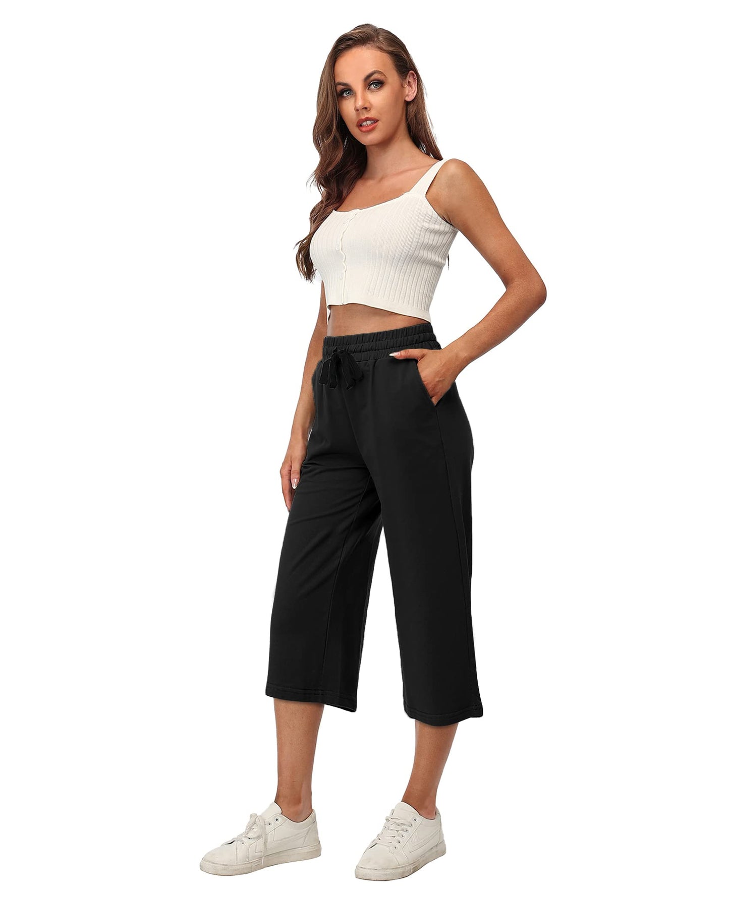 RESHE Womens Capri Pants Wide Leg Drawstring Lounge Yoga Navy Size S