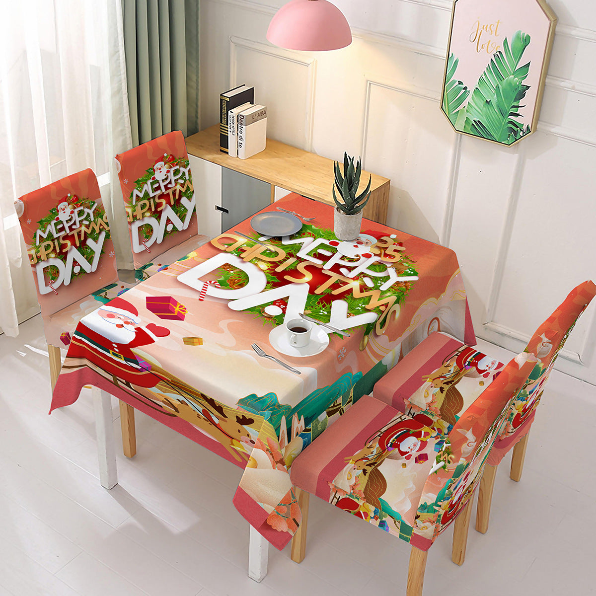Christmas new polyester waterproof tablecloth one-piece printed chair cover festive decoration cartoon Santa Claus