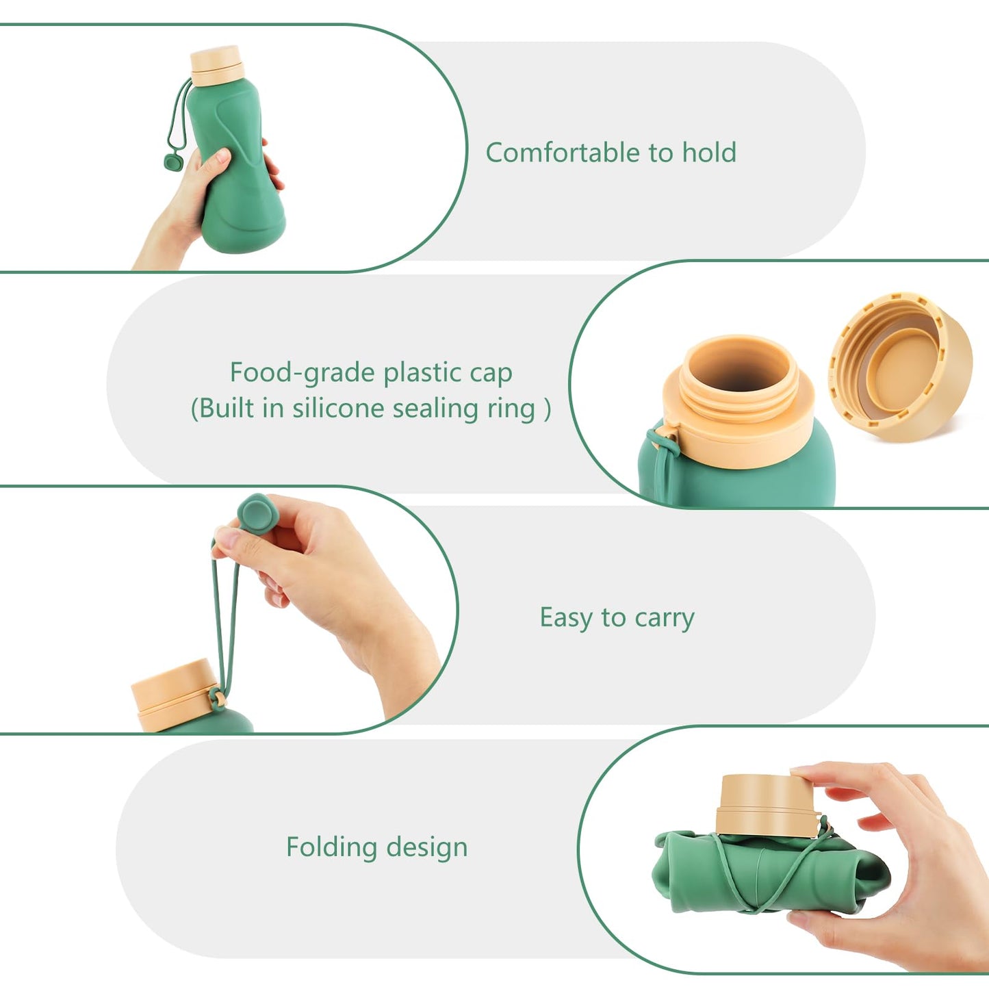 NAVTUE Collapsible Silicone Water Bottle 650ml Leak Proof Reusable Green