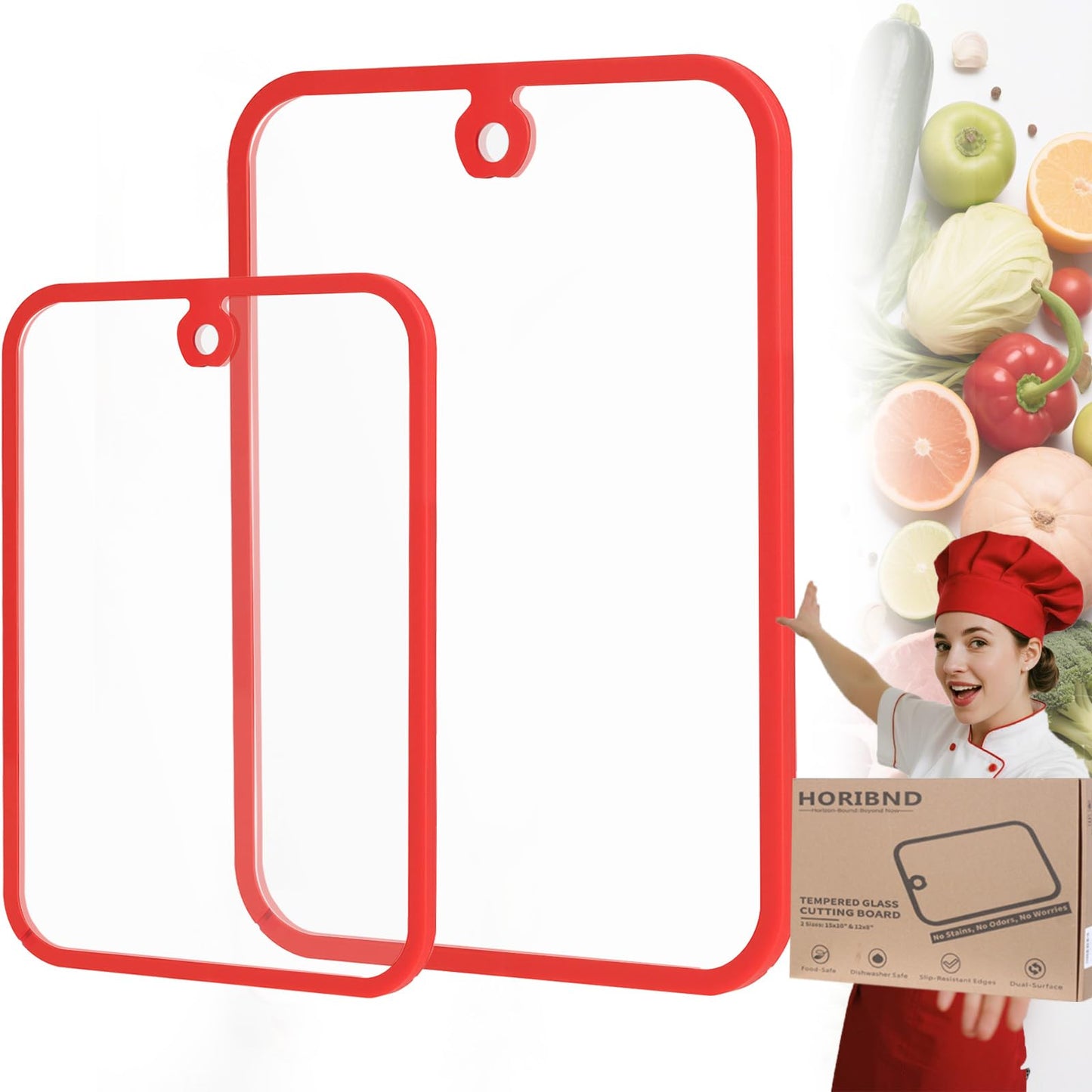 HORIBND Glass Cutting Board Set 2pcs Clear 15x10 Non-Slip Dishwasher Safe