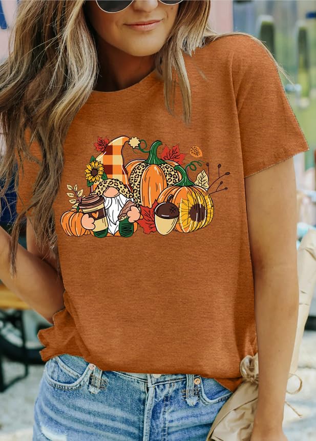 MAIHUN Womens Thanksgiving Shirt Cute Gnomes Pumpkin Fall Short Sleeve Size S