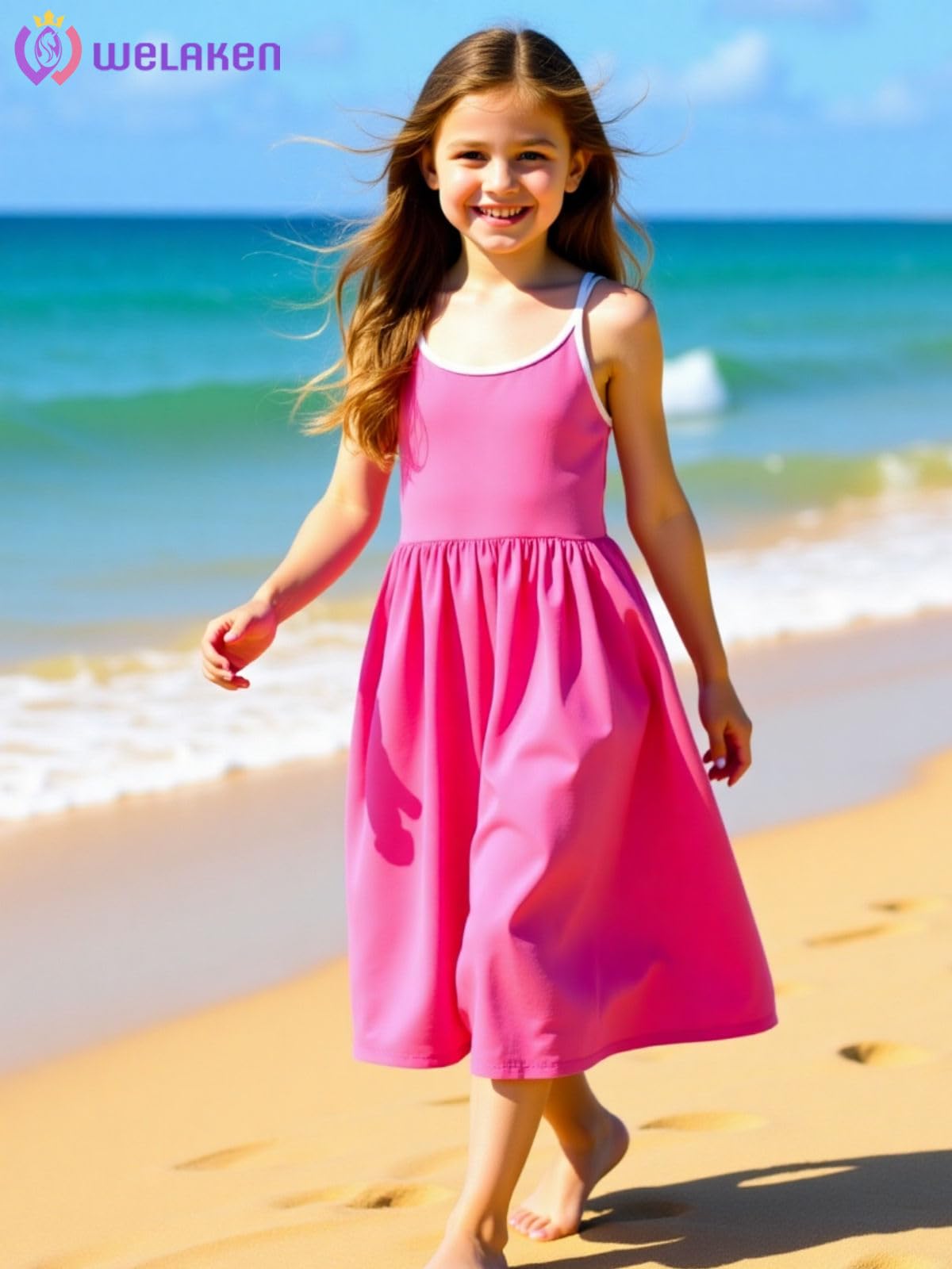 WELAKEN Girls Summer Sundress Criss Cross Back Elastic Waist Hot Pink Size 12Y