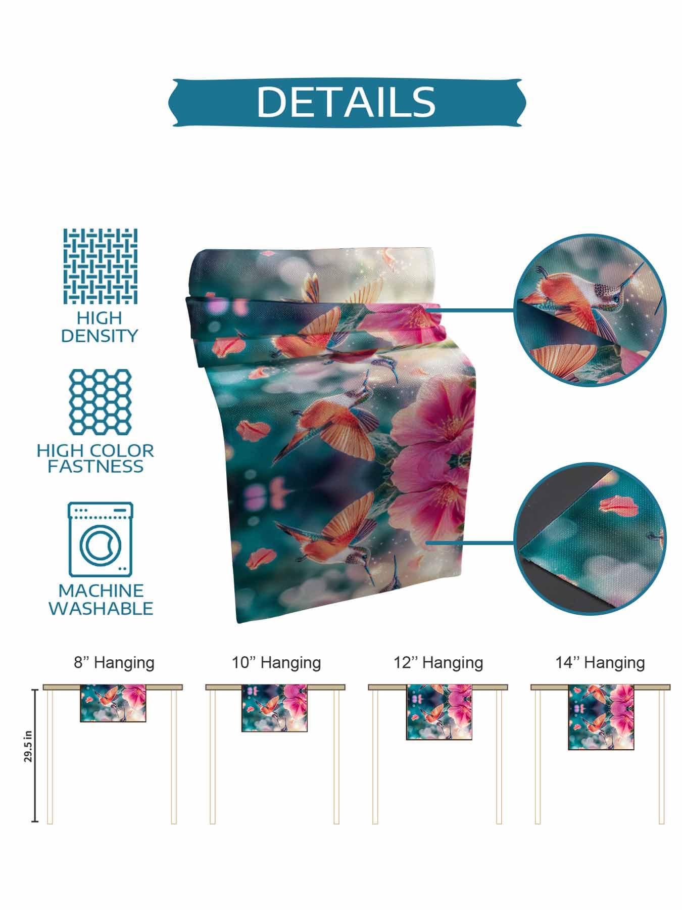 Perdecor Spring Hummingbird Pink Petals Table Runner 13x70in Cotton Linen