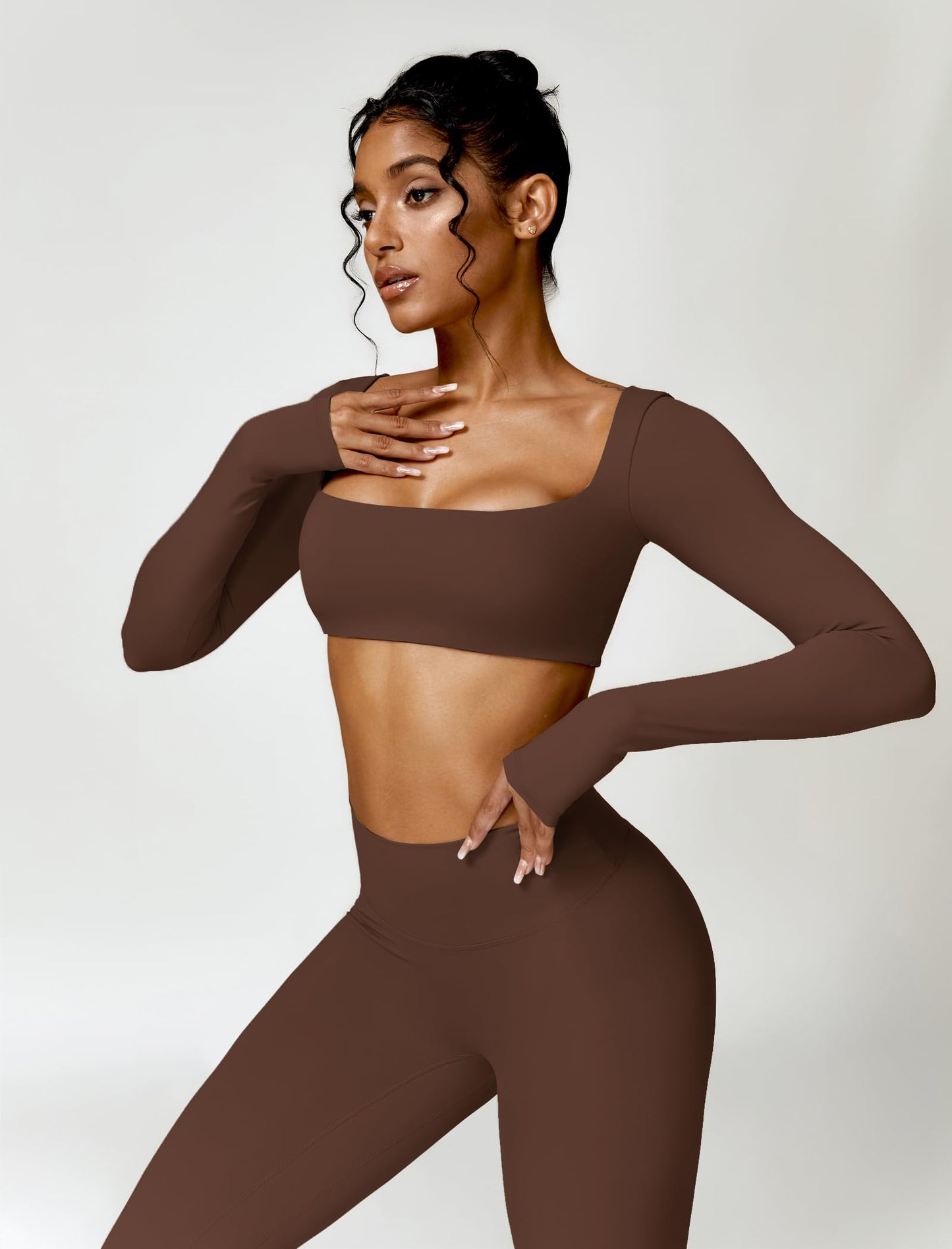 AGYMNX 2pc Workout Set Women Long Sleeve Crop Top High Waist Leggings Brown M