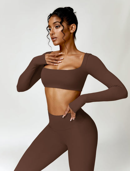 AGYMNX 2pc Workout Set Women Long Sleeve Crop Top High Waist Leggings Brown M