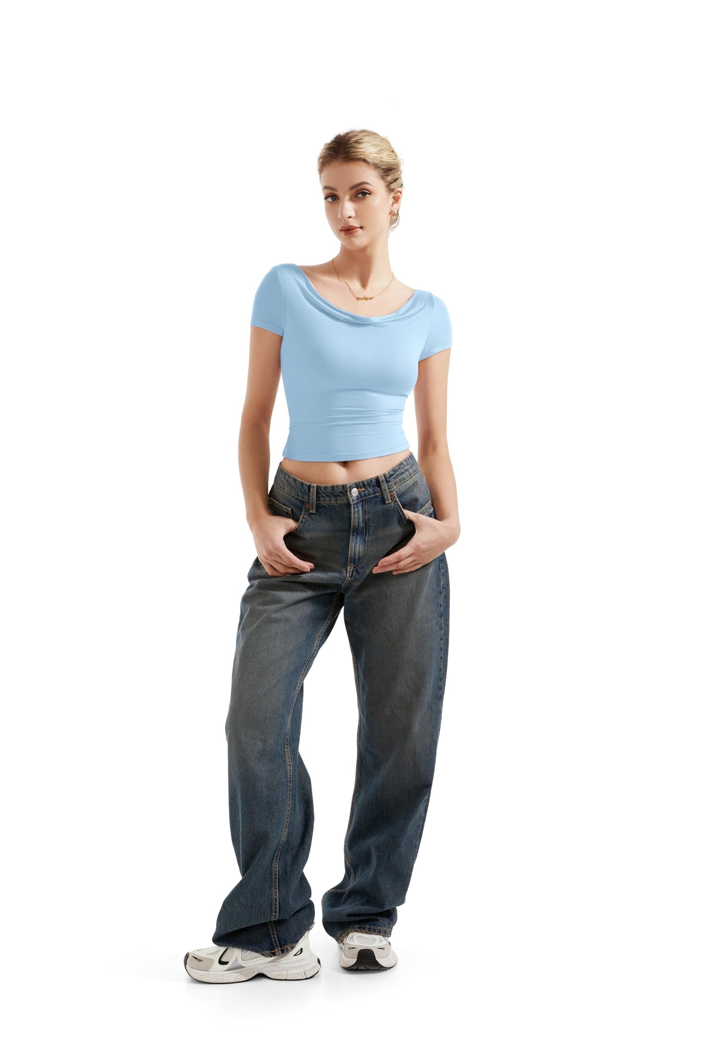 SUUKSESS Women Off Shoulder Cowl Neck Short Sleeve Top Light Blue Size M