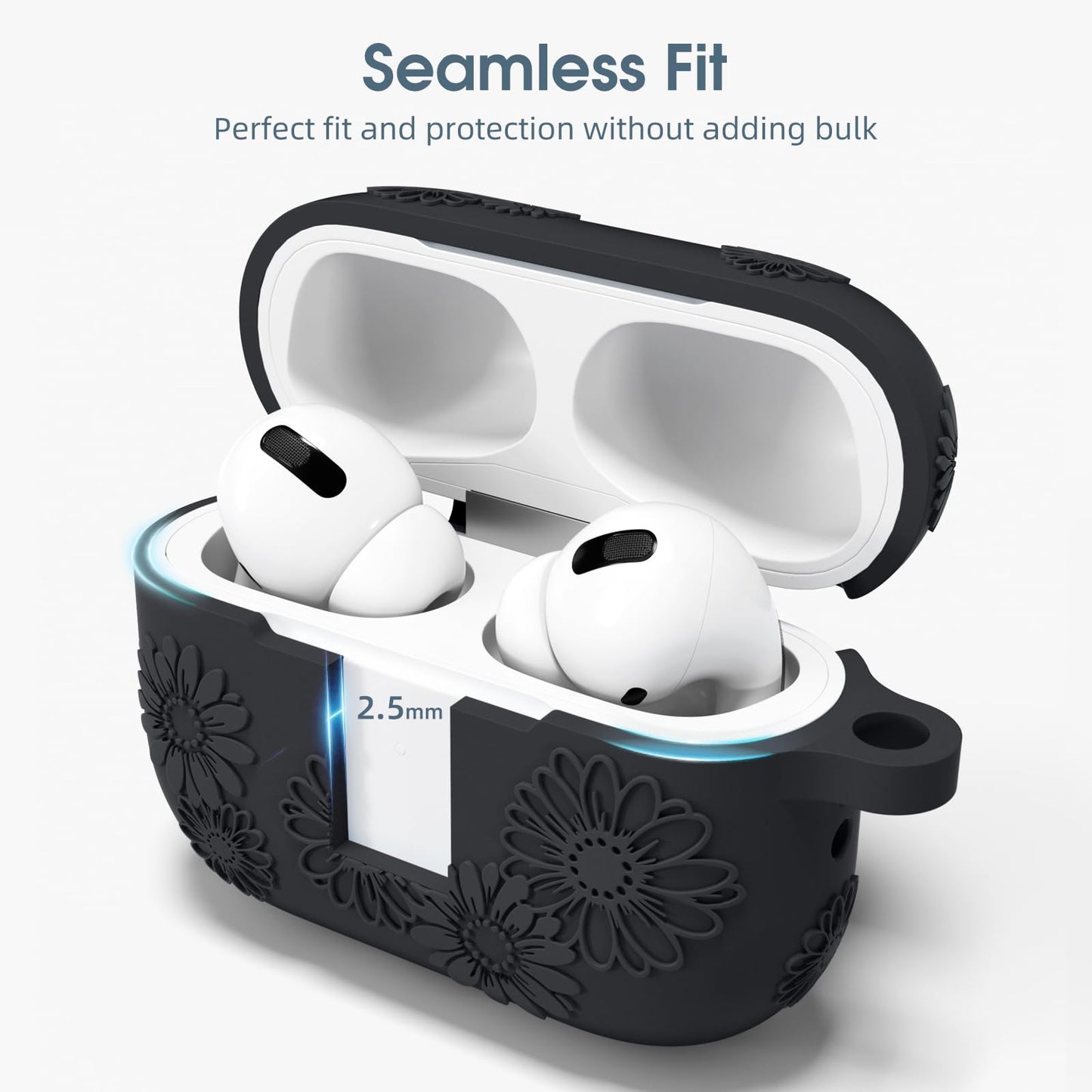 Adorve AirPods Pro 2 Silicone Case Flower Engraved Black Front LED Visible