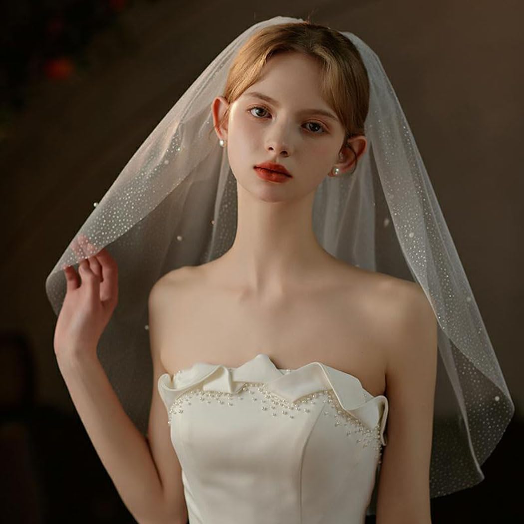 Cliory Pearl Veil Glitter Bride Wedding Short Veil White