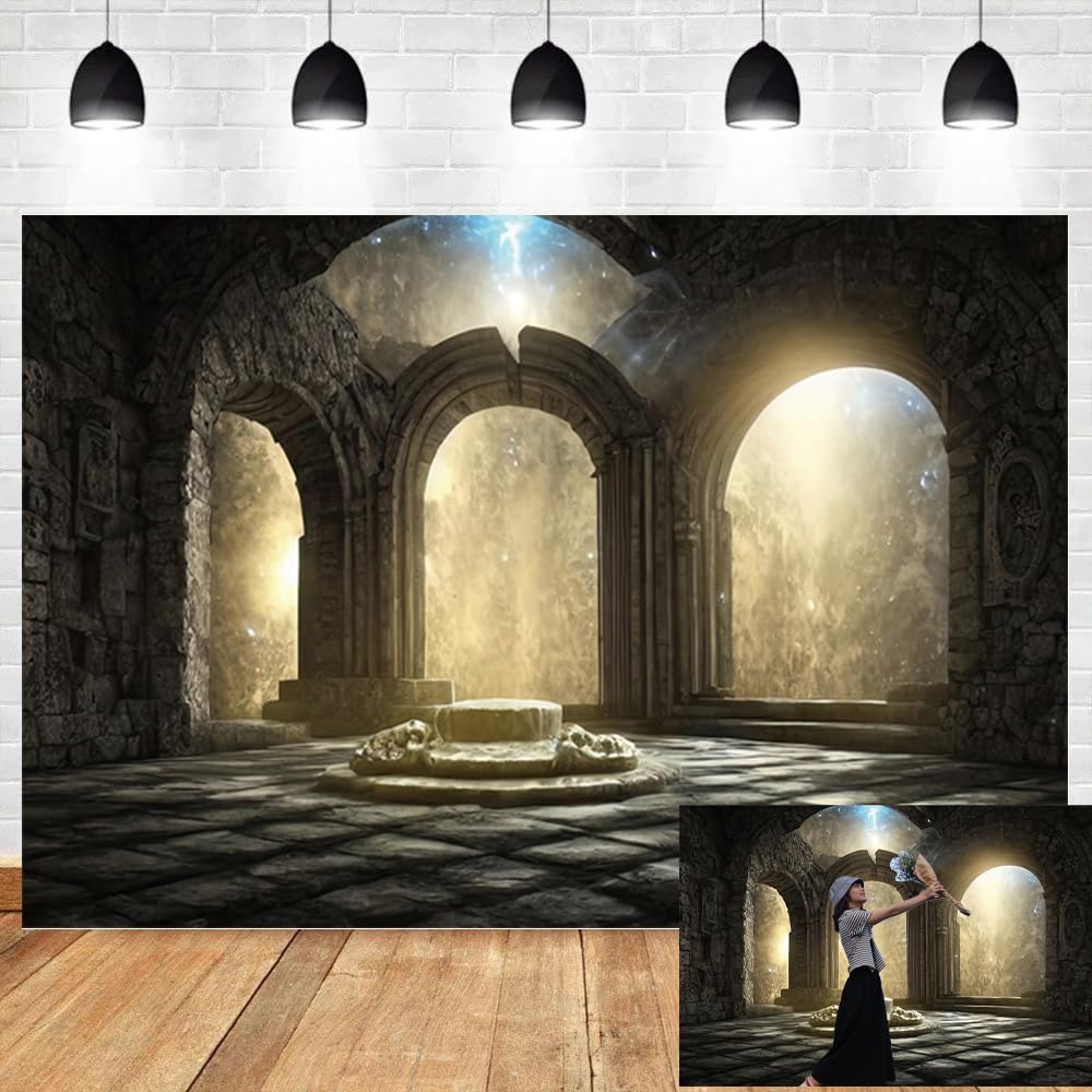 DORCEV Gothic Castle Ruins Backdrop Vintage Foggy Fantasy 12x8ft Grey Vinyl