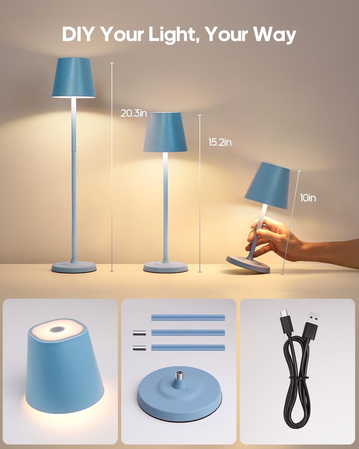 GOODEA Cordless Table Lamp 6000mAh Rechargeable 3 Color Dimmable White