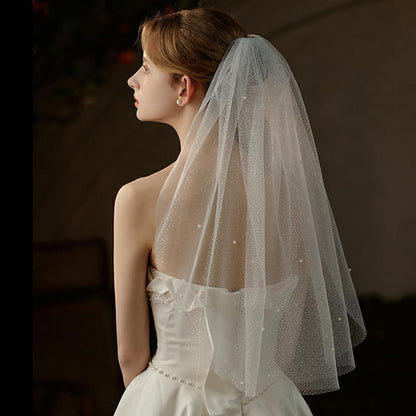 Cliory Pearl Veil Glitter Bride Wedding Short Veil White