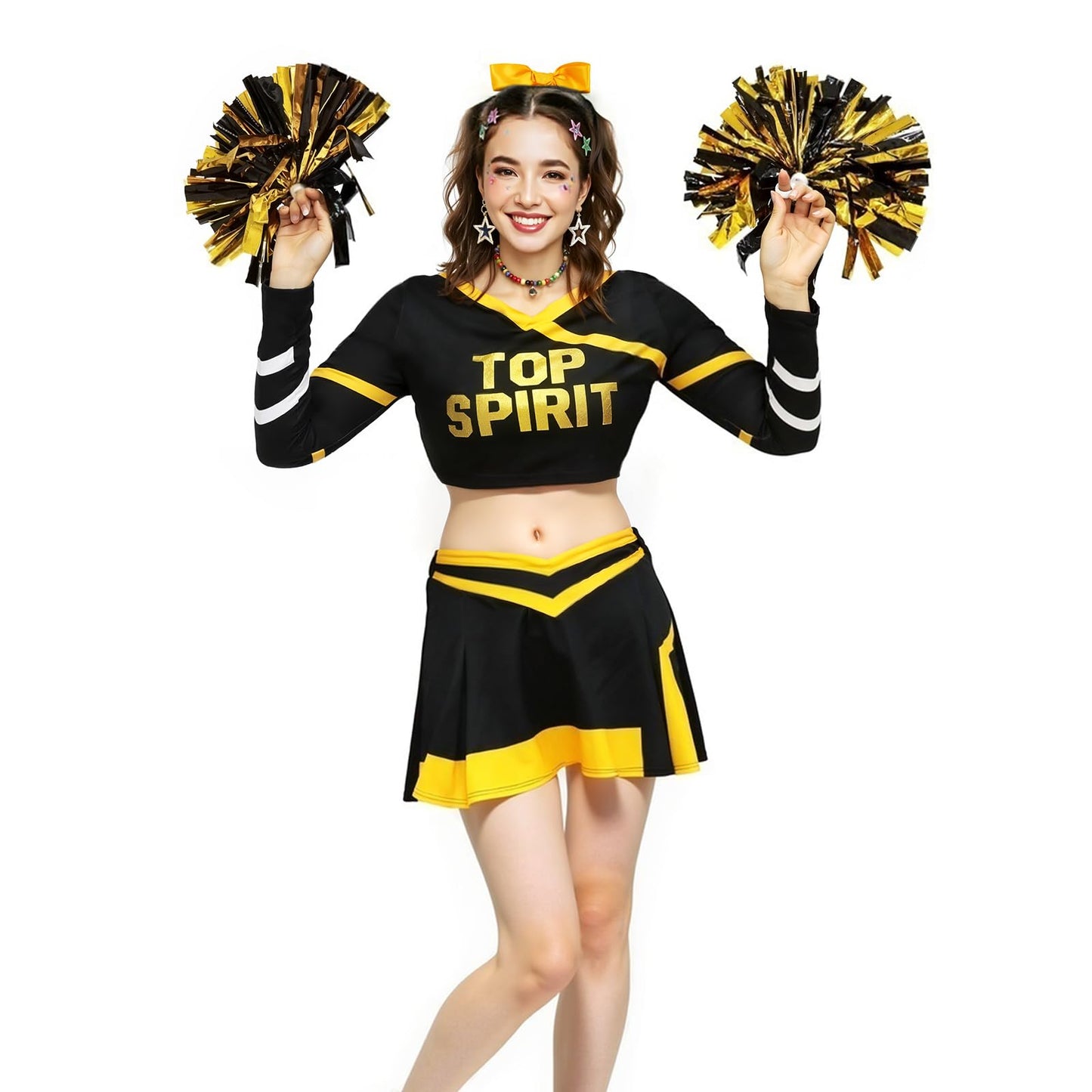 ROC PARTY Women Cheerleader Costume Yellow with Hairpins Pom Poms Size S