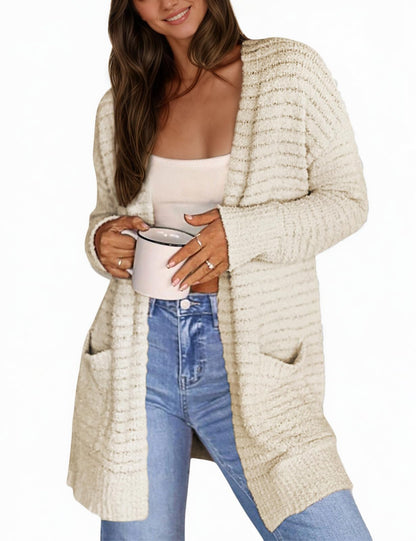 CiCiBird Women Long Fuzzy Knit Cardigan Sweater Open Front Beige Size XL
