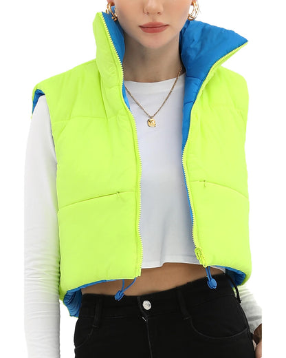 Xeoxarel Women's Reversible Puffer Cropped Vest Full Zip Sleeveless Green Blue M