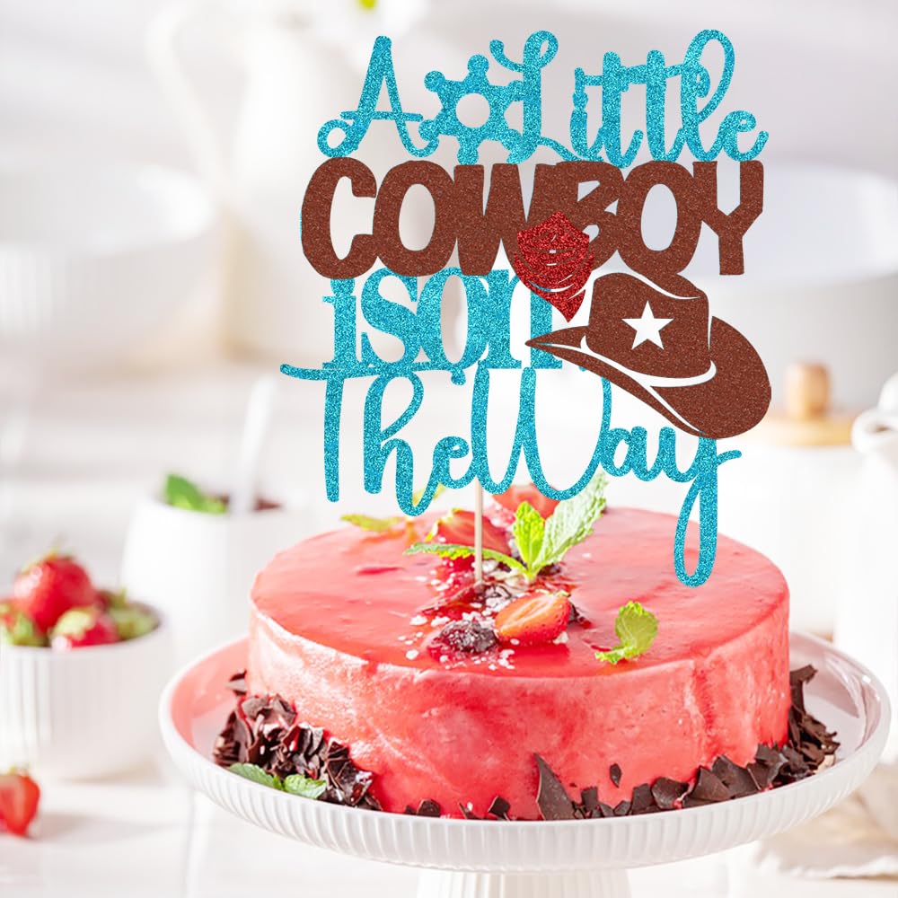 VQOUZVSR A Little Cowboy Is On The Way Cake Topper Blue Glitter Boy