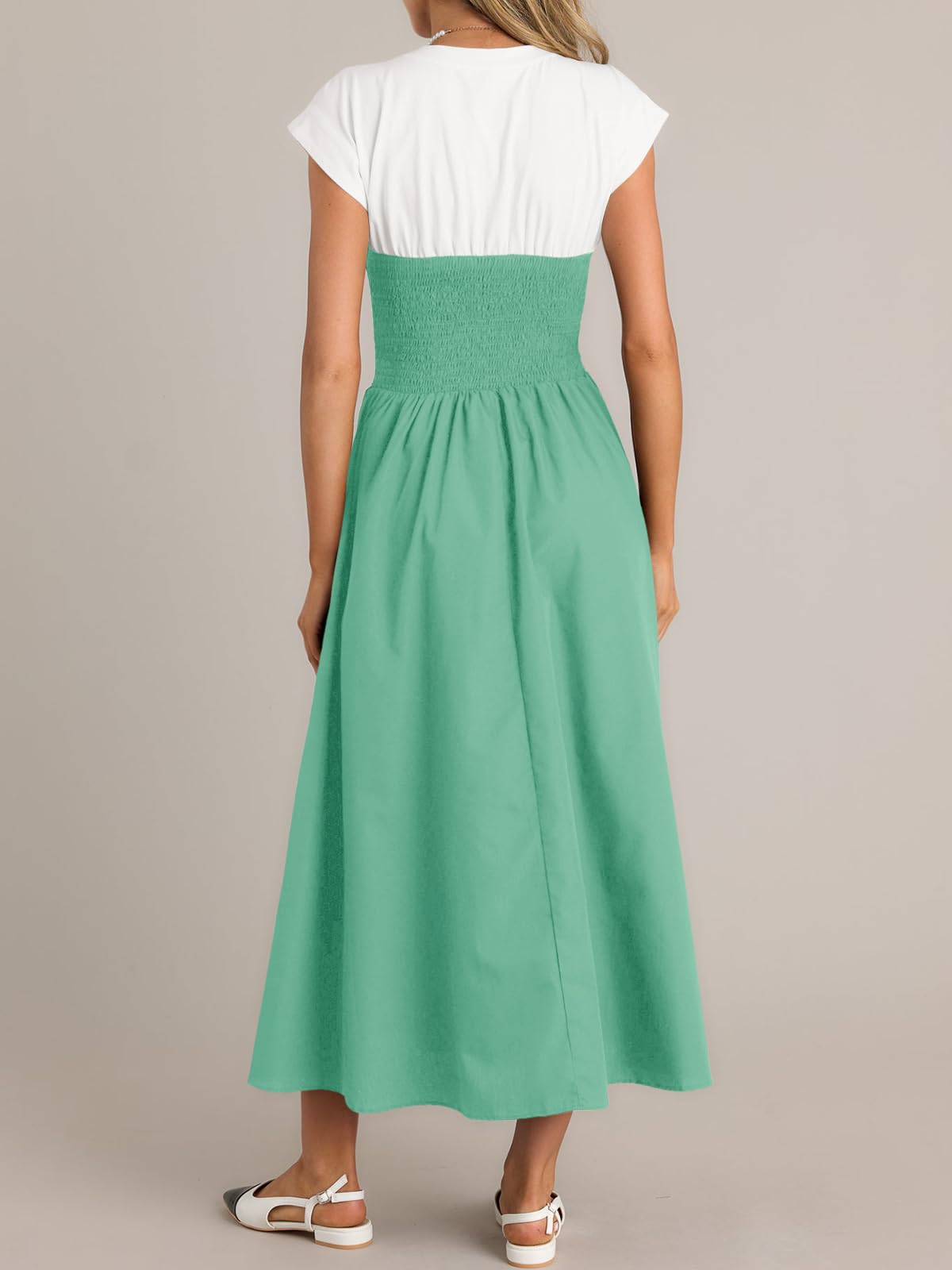 Wenrine Womens Casual Summer Midi Dress Smocked Cap Sleeve Green Size L