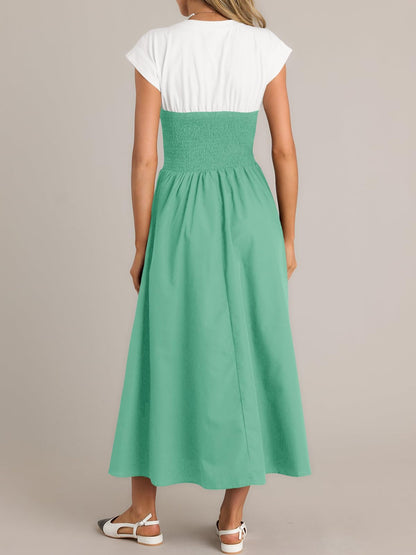 Wenrine Womens Casual Summer Midi Dress Smocked Cap Sleeve Green Size L