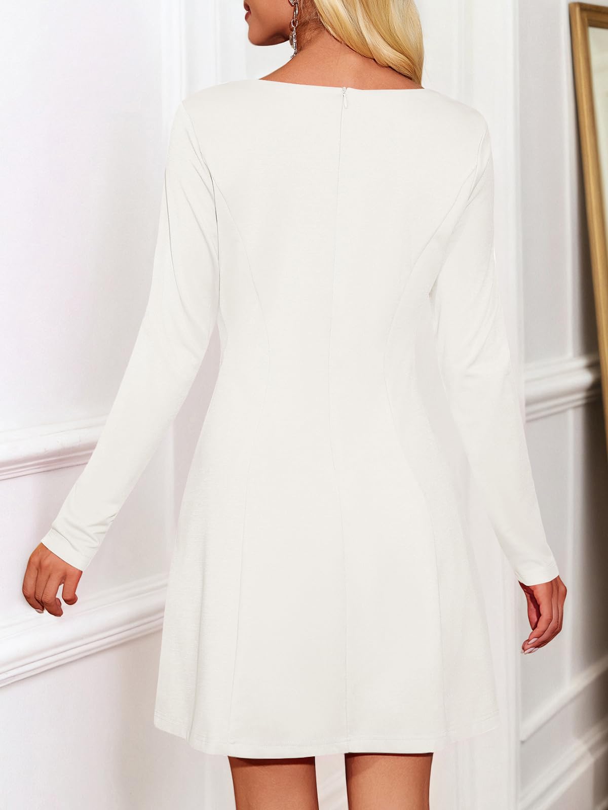 Wenrine Womens Long Sleeve Mini Dress Square Neck A Line White Size S