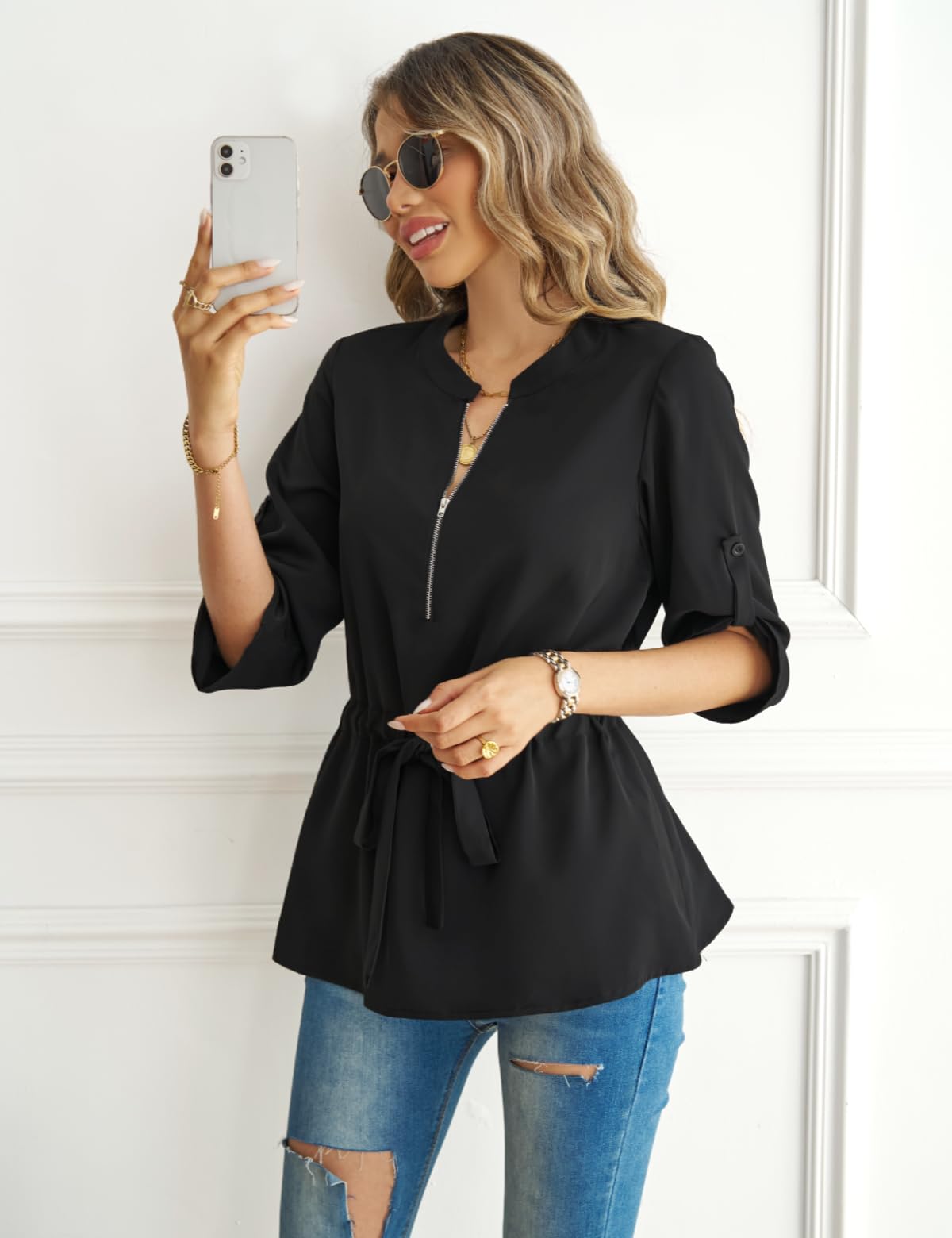 CiCiBird Womens Dressy 3/4 Sleeve Zip Peplum Blouse Black Size S
