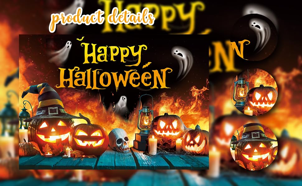 Happy Halloween Backdrop Ghost Pumpkin Flame Haunted House Party Banner 6x4FT