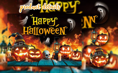 Happy Halloween Backdrop Ghost Pumpkin Flame Haunted House Party Banner 6x4FT