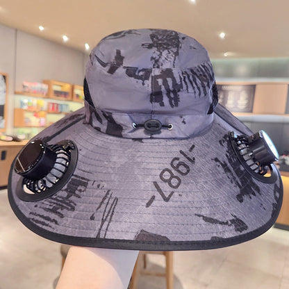 Solar powered fan large brim hat men's outdoor sunshade hat mountain climbing fisherman hat
