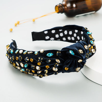 Exaggerated Fashion Hair Bands Female Corduroy Temperament Sweet Hair Ornaments Wide Side Knotted With Diamonds Headband
