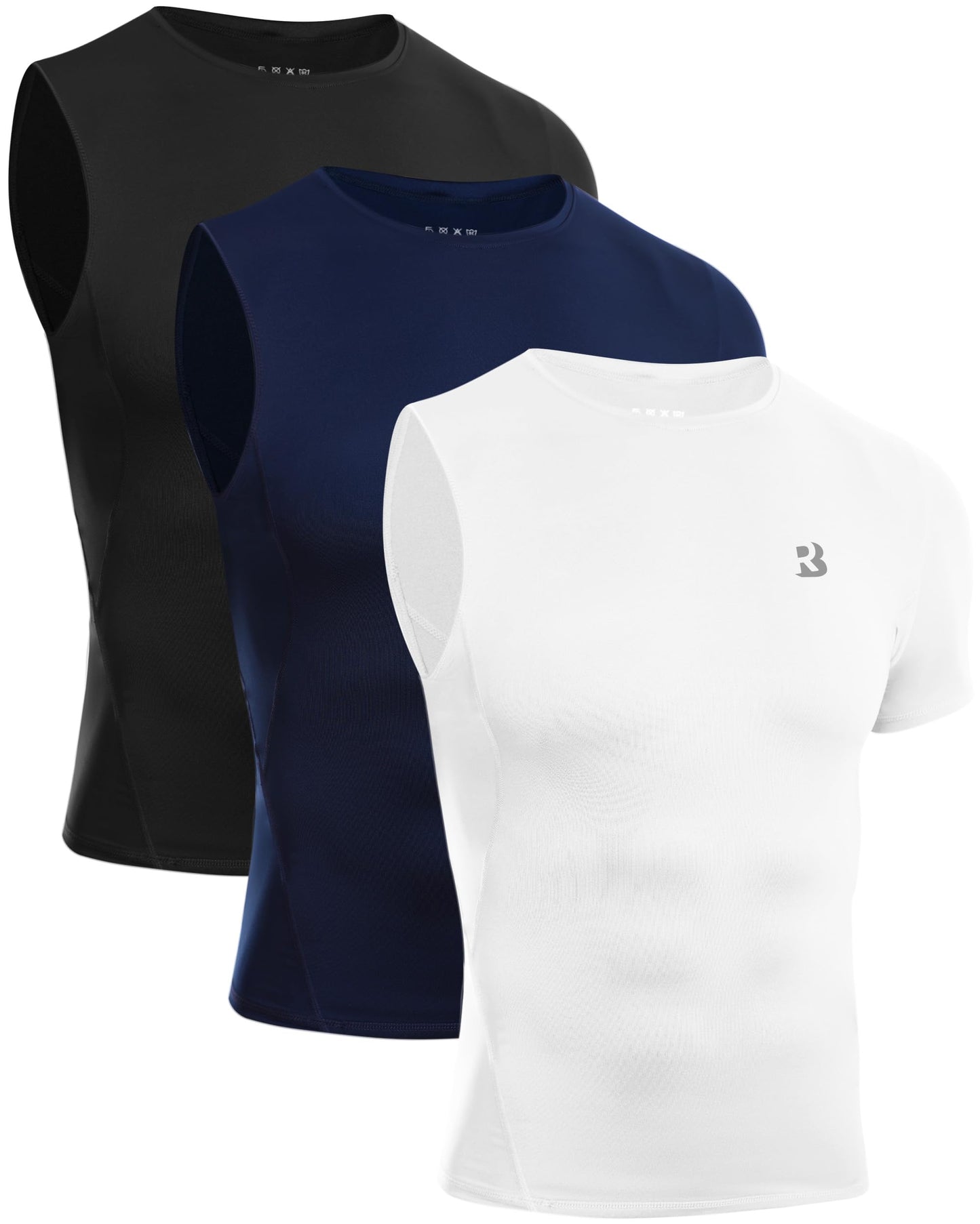 Roadbox Men's Compression Short Sleeve Athletic Shirt Black+White+Navy Size XL