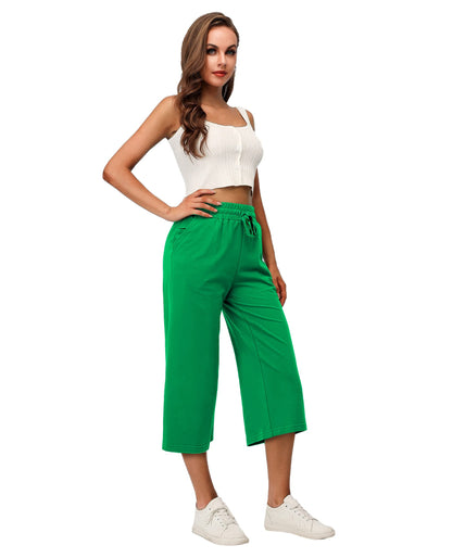 RESHE Womens Capri Pants Yoga Wide Leg Drawstring Pockets Green Size 2XL