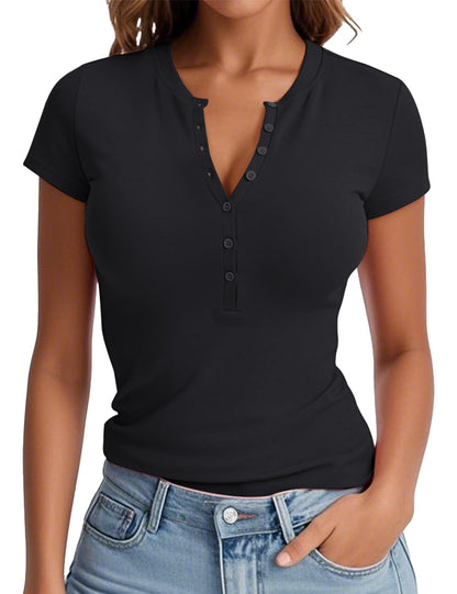 Prettywear Womens Summer Casual V Neck Button Up Top Black Size M