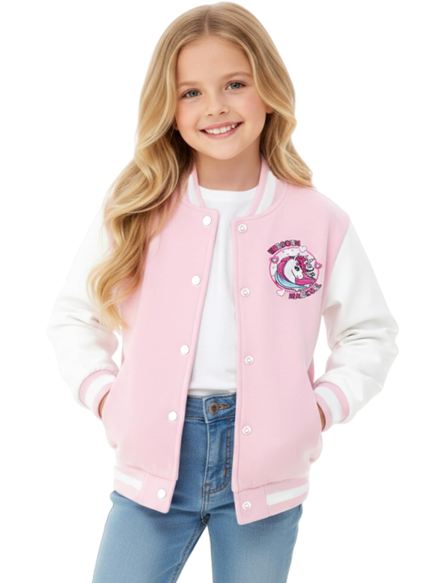 PATPAT Girls Varsity Baseball Jacket Light Pink Unicorn Coat Size 9-10 Years