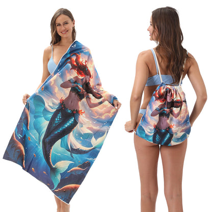 Two-in-One Foldable Beach Towel Printed Bath Towel All-In-One Beach Towel with Storage Bag