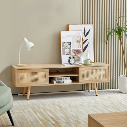 55.12" Rattan TV cabinet double sliding doors for storage adjustable shelf solid wood legs TV console for living room natural