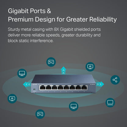 TP-Link TL-SG108 8 Port Gigabit Ethernet Network Switch Metal Black Fanless