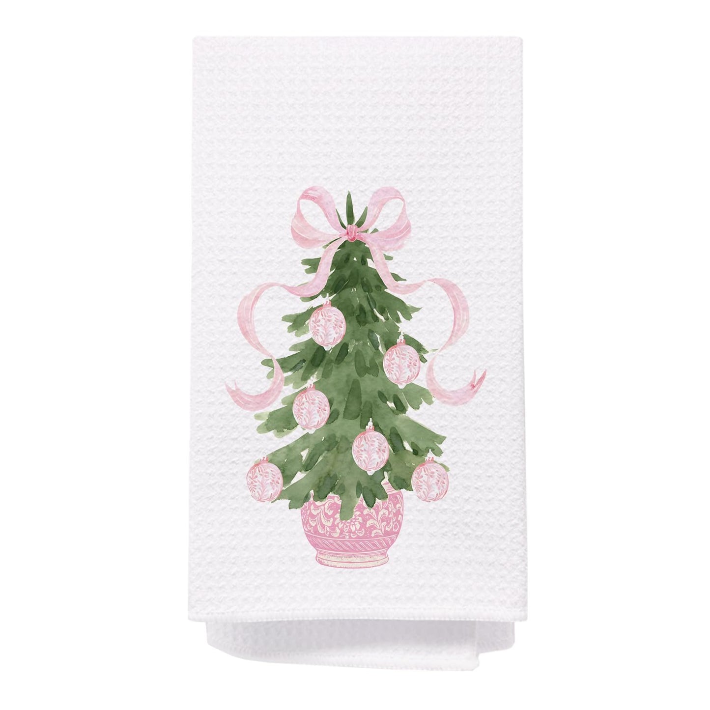 SPBL&L Chinoiserie Christmas Kitchen Towels Pink Bow Tree 16x24 Inch Set of 2