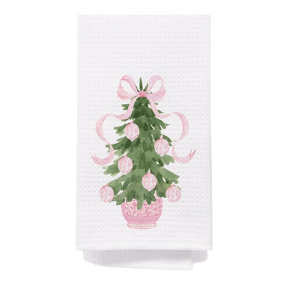 SPBL&L Chinoiserie Christmas Kitchen Towels Pink Bow Tree 16x24 Inch Set of 2
