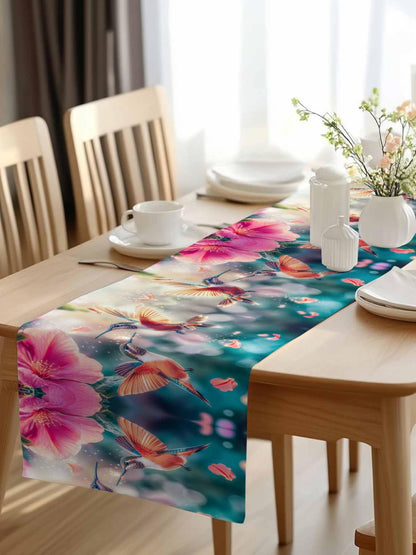 Perdecor Spring Hummingbird Pink Petals Table Runner 13x70in Cotton Linen