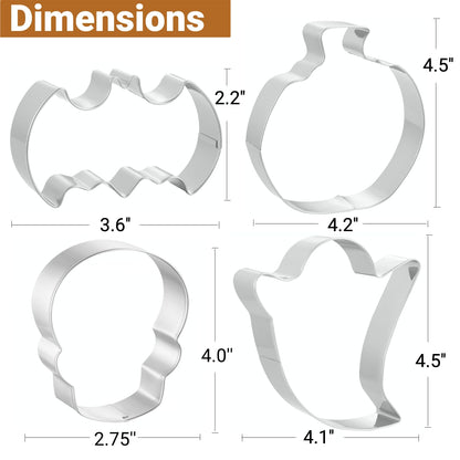 JOB JOL Halloween Cookie Cutters 4 PCS Ghost Pumpkin Bat Skull 3.5-4.5"